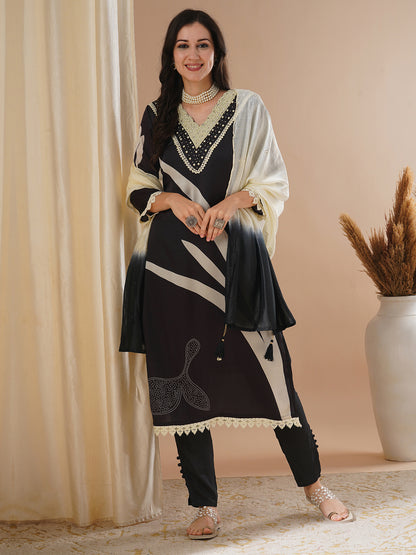 Abstract Floral Printed & Embroidered Straight Fit Kurta with Pant & Dupatta - Black