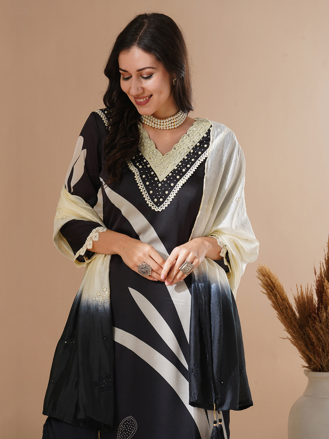 Abstract Floral Printed & Embroidered Straight Fit Kurta with Pant & Dupatta - Black