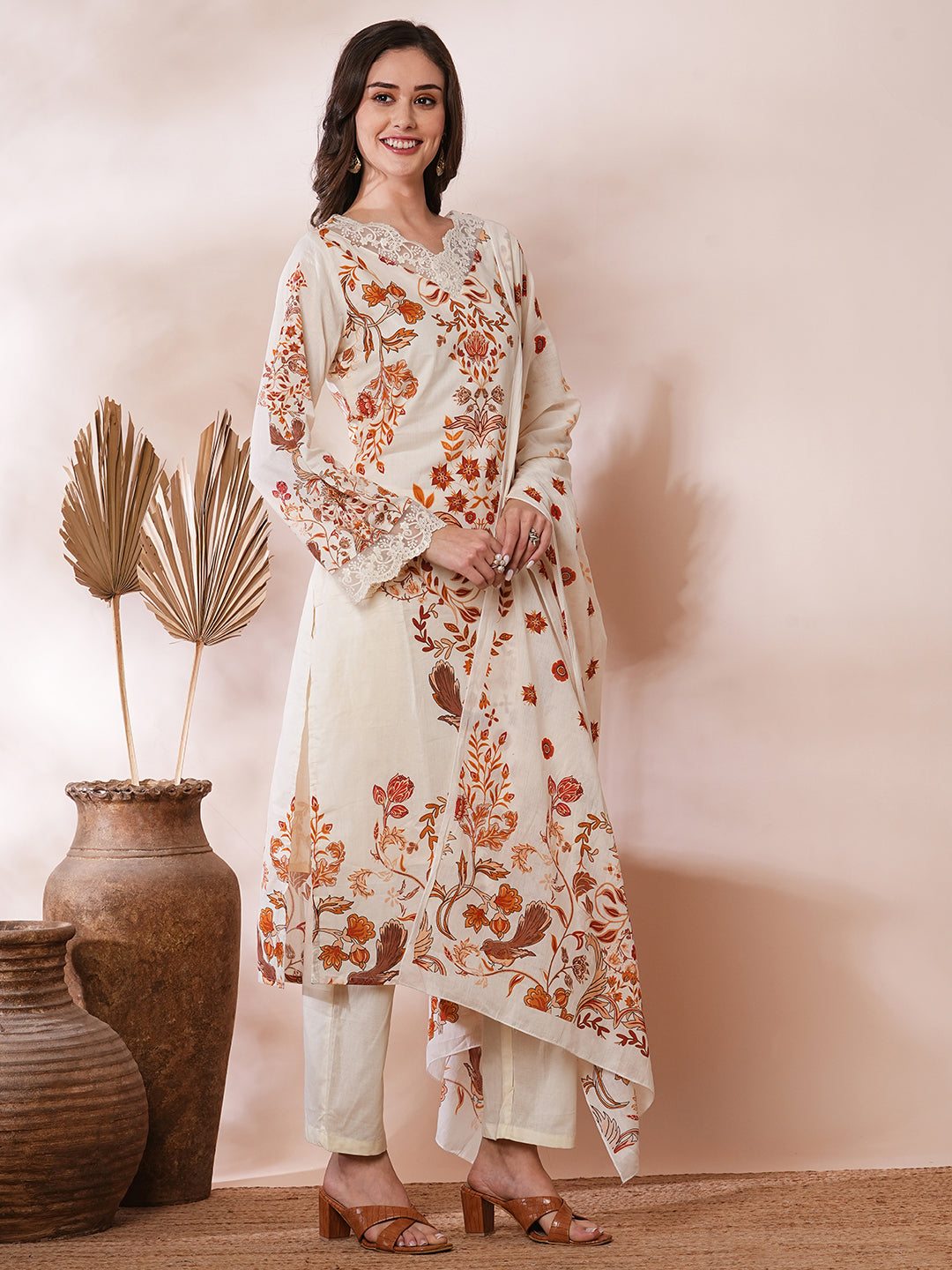 Ethnic Floral Printed Straight Fit Kurta with Pant and Dupatta - Cream