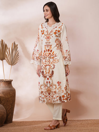 Ethnic Floral Printed Straight Fit Kurta with Pant and Dupatta - Cream