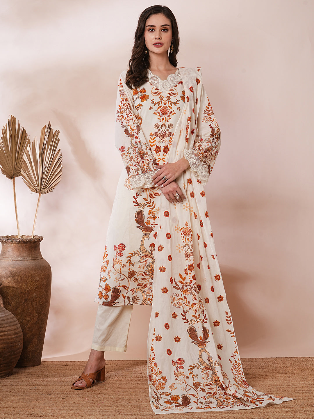 Ethnic Floral Printed Straight Fit Kurta with Pant and Dupatta - Cream