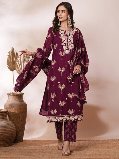 Floral Printed & Thread Embroidered Straight Fit Kurta with Pant & Dupatta - Magenta