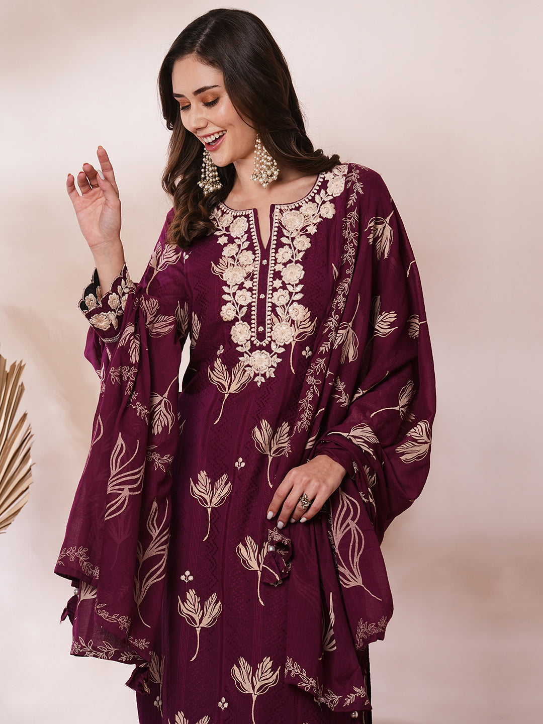 Floral Printed & Thread Embroidered Straight Fit Kurta with Pant & Dupatta - Magenta