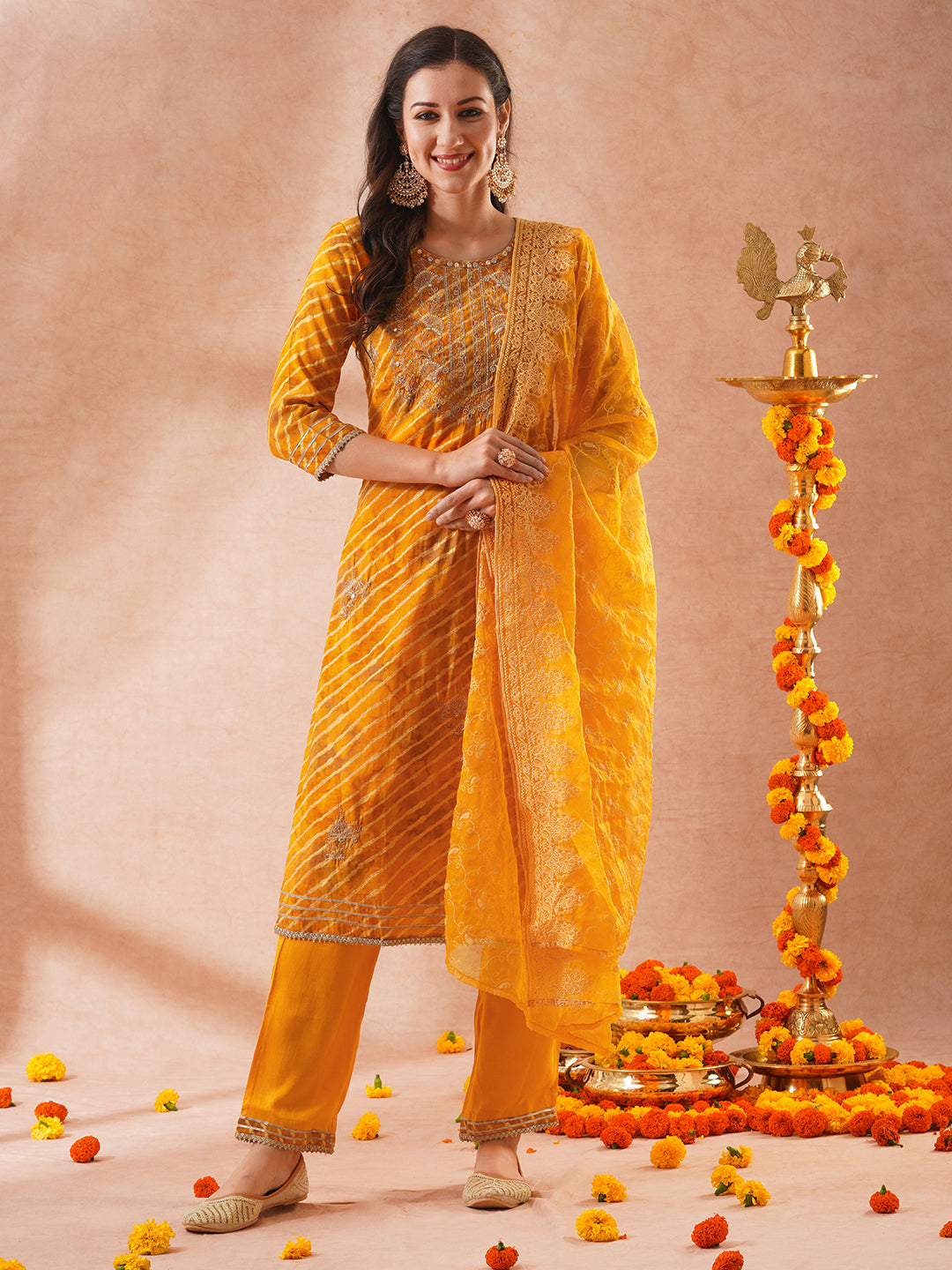 Leheriya Printed & Embroidered Straight Fit Kurta with Pant and Embroidered Dupatta - Yellow