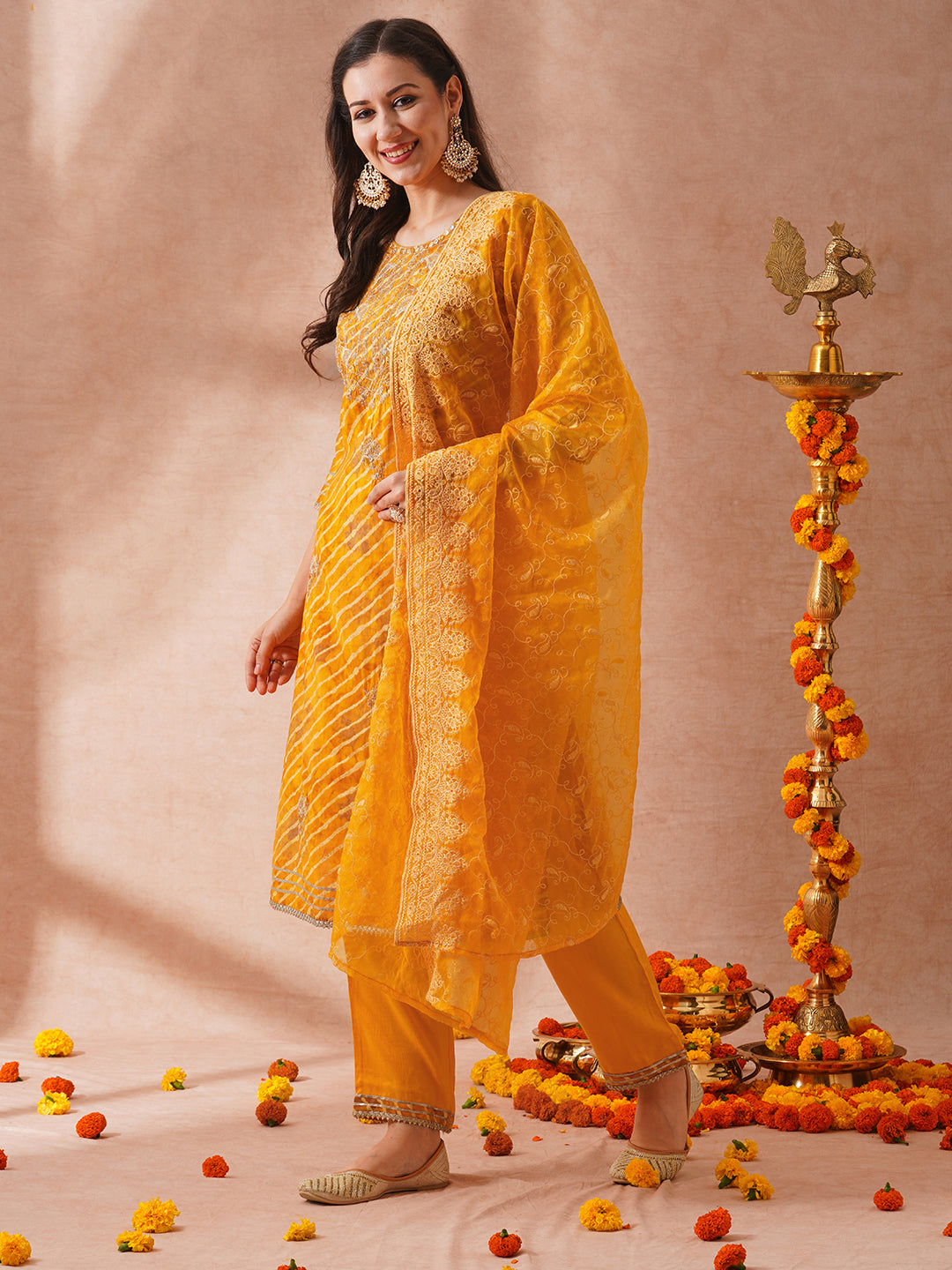 Leheriya Printed & Embroidered Straight Fit Kurta with Pant and Embroidered Dupatta - Yellow