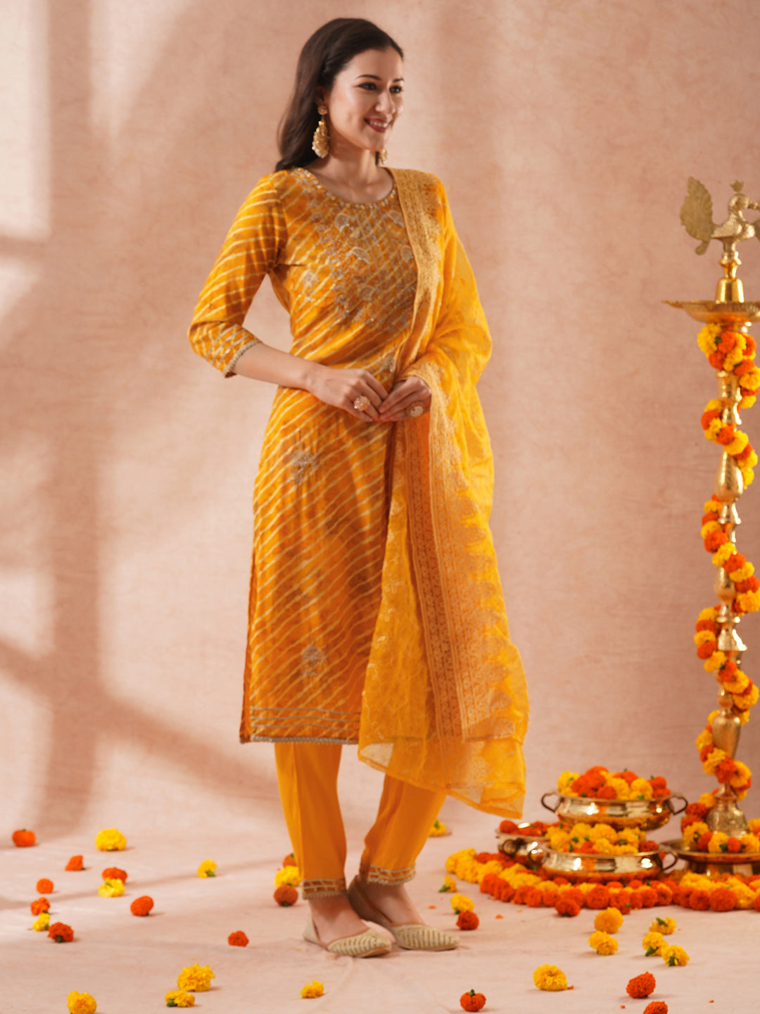 Leheriya Printed & Embroidered Straight Fit Kurta with Pant and Embroidered Dupatta - Yellow