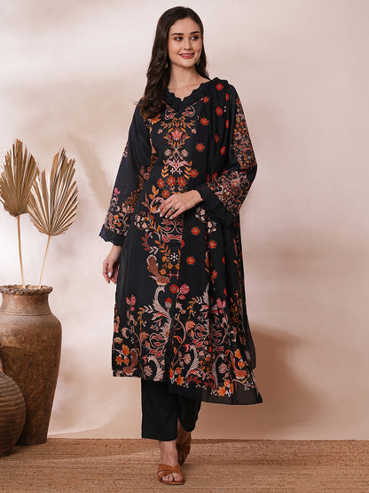 Ethnic Floral Printed Straight Fit Kurta with Pant and Dupatta - Black