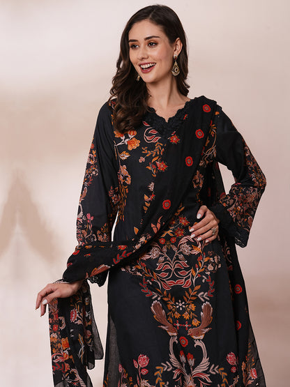 Ethnic Floral Printed Straight Fit Kurta with Pant and Dupatta - Black