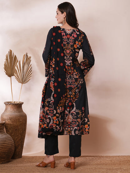 Ethnic Floral Printed Straight Fit Kurta with Pant and Dupatta - Black