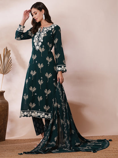 Floral Printed & Thread Embroidered Straight Fit Kurta with Pant & Dupatta - Green