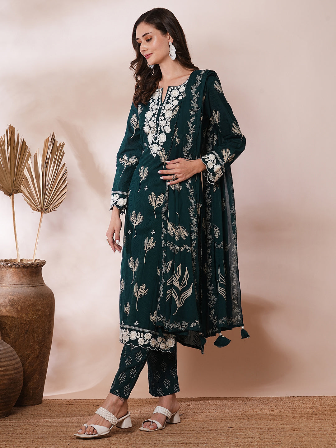 Floral Printed & Thread Embroidered Straight Fit Kurta with Pant & Dupatta - Green