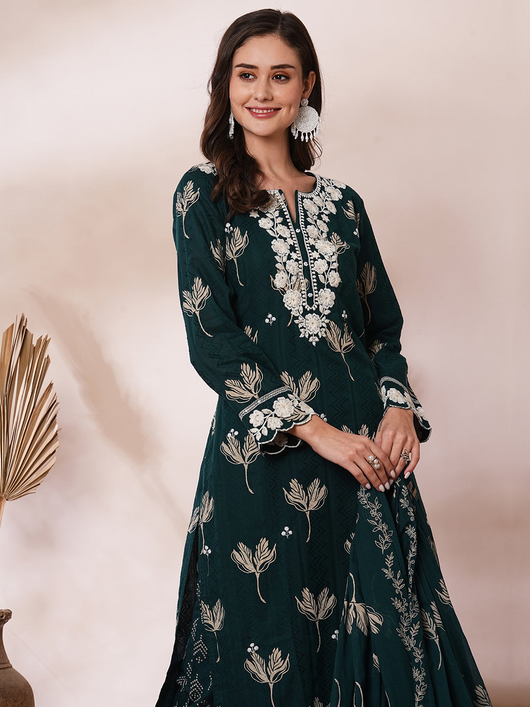 Floral Printed & Thread Embroidered Straight Fit Kurta with Pant & Dupatta - Green