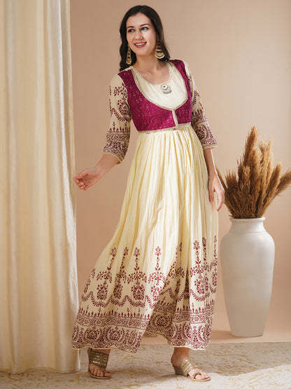 jacket dress for women Solid Ethnic Printed Jacket Styled A-Line Pleated Maxi Dress