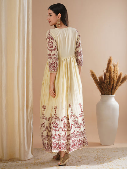 Solid Ethnic Printed Jacket Styled A-Line Pleated Maxi Dress