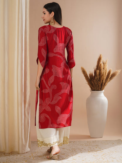 Bandhani Printed & Zari Embroidered Straight Fit Kurta - Red