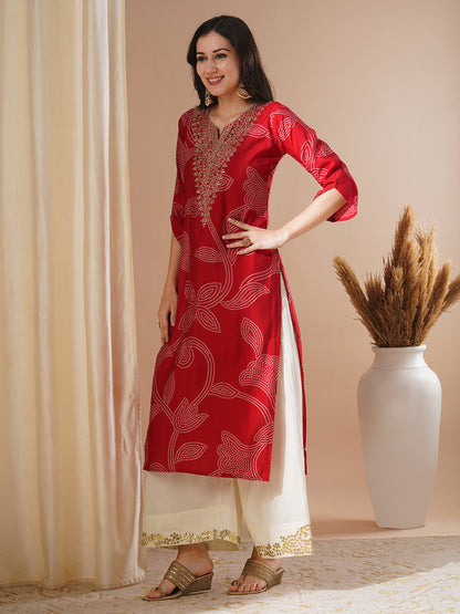 Bandhani Printed & Zari Embroidered Straight Fit Kurta - Red