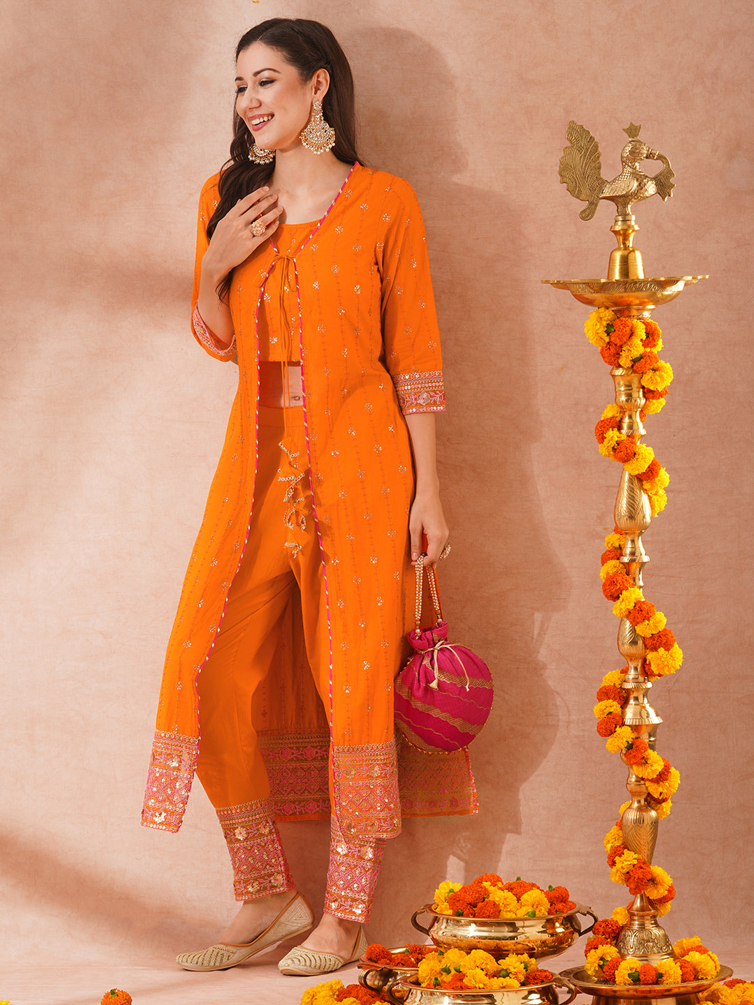 Floral Sequin Embroidered A-Line Kurta with Crop Top and Pant - Orange