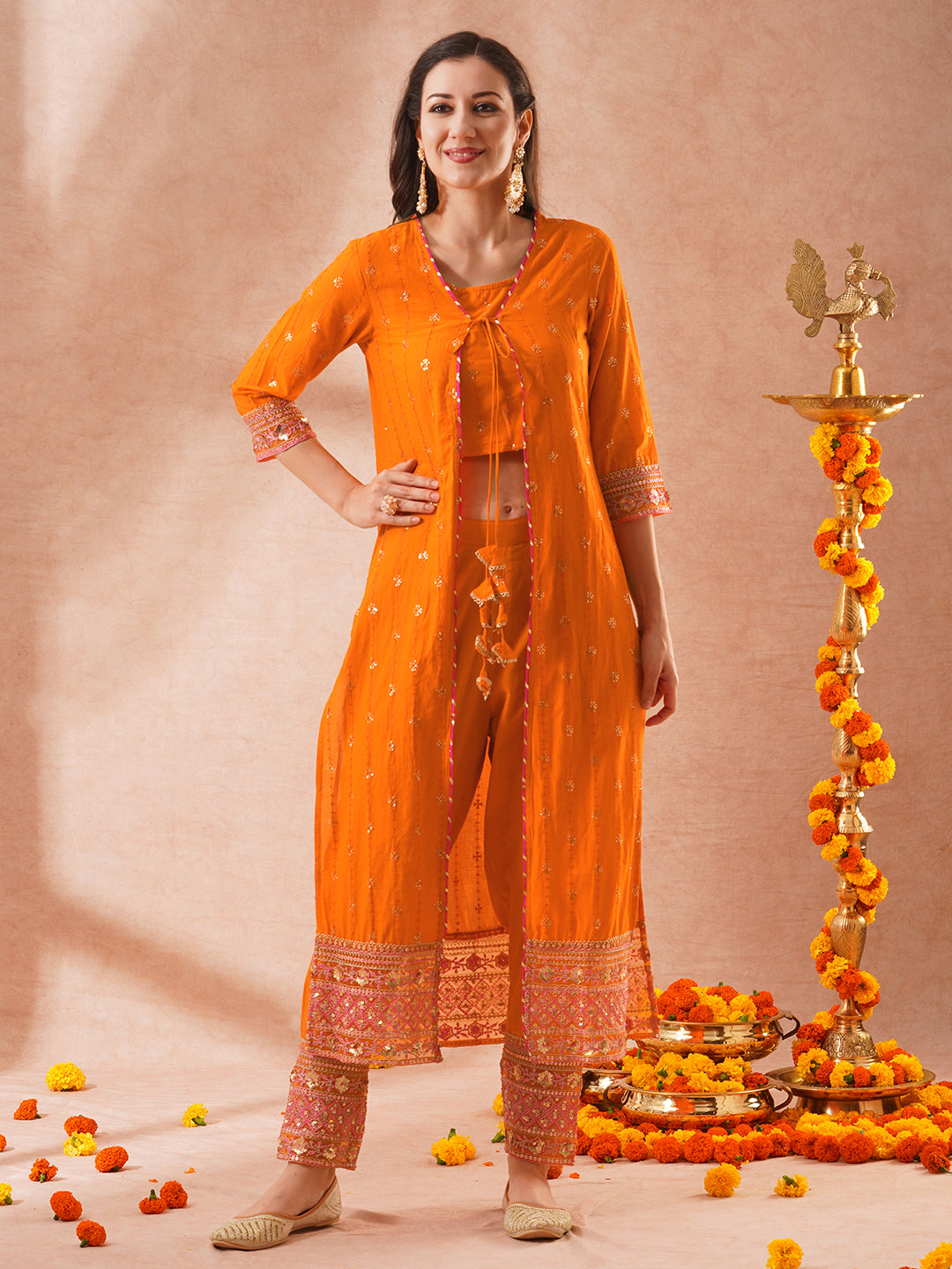 Floral Sequin Embroidered A-Line Kurta with Crop Top and Pant - Orange