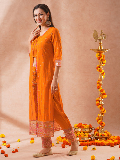 Floral Sequin Embroidered A-Line Kurta with Crop Top and Pant - Orange