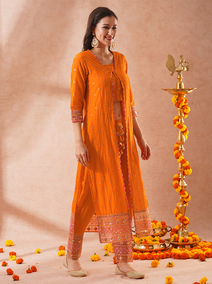 Floral Sequin Embroidered A-Line Kurta with Crop Top and Pant - Orange