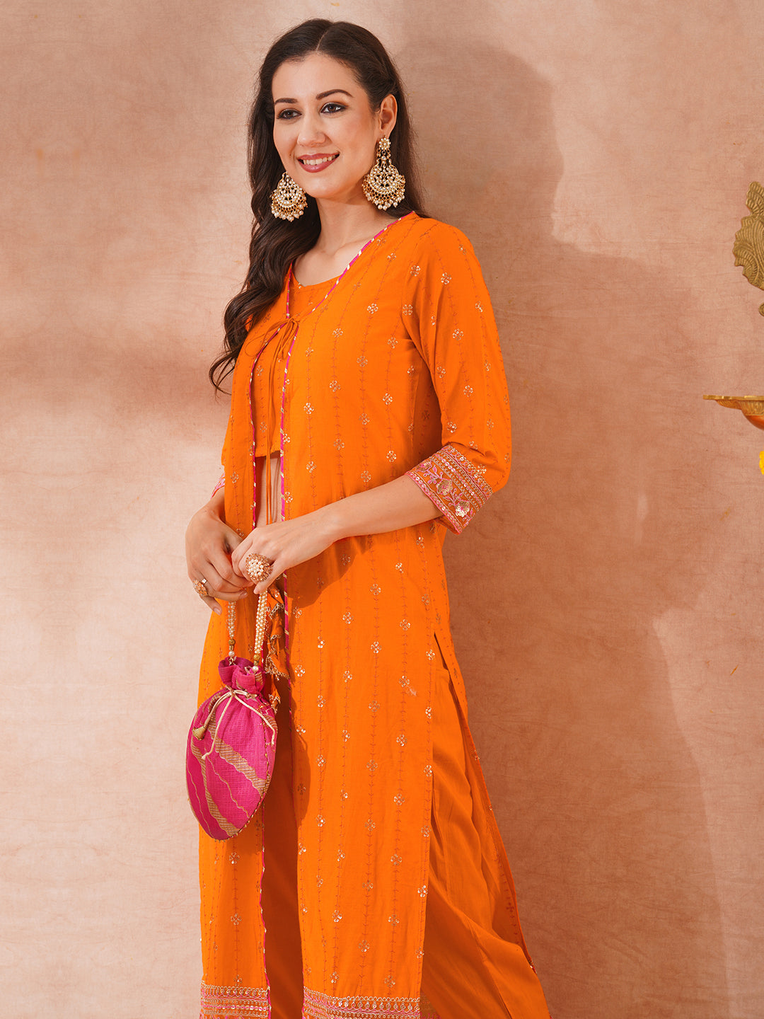 Floral Sequin Embroidered A-Line Kurta with Crop Top and Pant - Orange