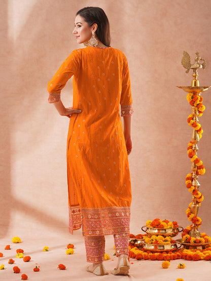 Floral Sequin Embroidered A-Line Kurta with Crop Top and Pant - Orange