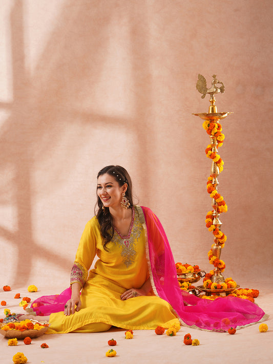 Solid Ethnic Sequin Embroidered A-Line Kurta with Palazzo & Dupatta - Yellow