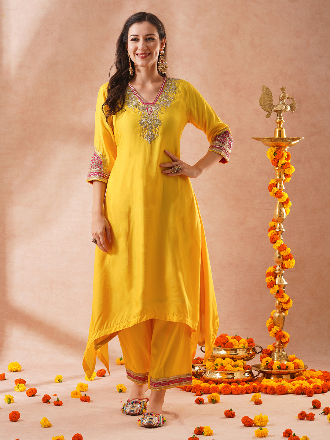 Solid Ethnic Sequin Embroidered A-Line Kurta with Palazzo & Dupatta - Yellow