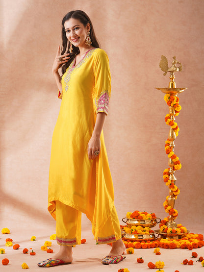 Solid Ethnic Sequin Embroidered A-Line Kurta with Palazzo & Dupatta - Yellow