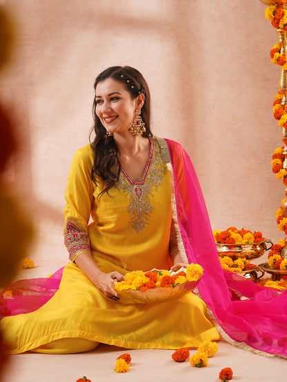 Solid Ethnic Sequin Embroidered A-Line Kurta with Palazzo & Dupatta - Yellow