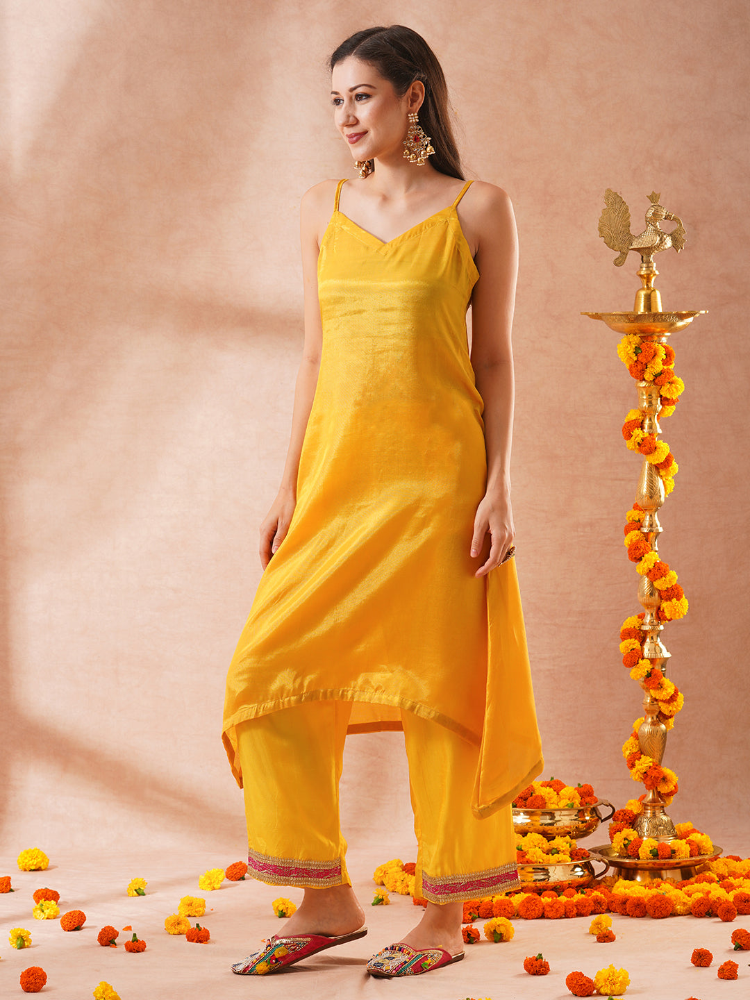 Solid Ethnic Sequin Embroidered A-Line Kurta with Palazzo & Dupatta - Yellow