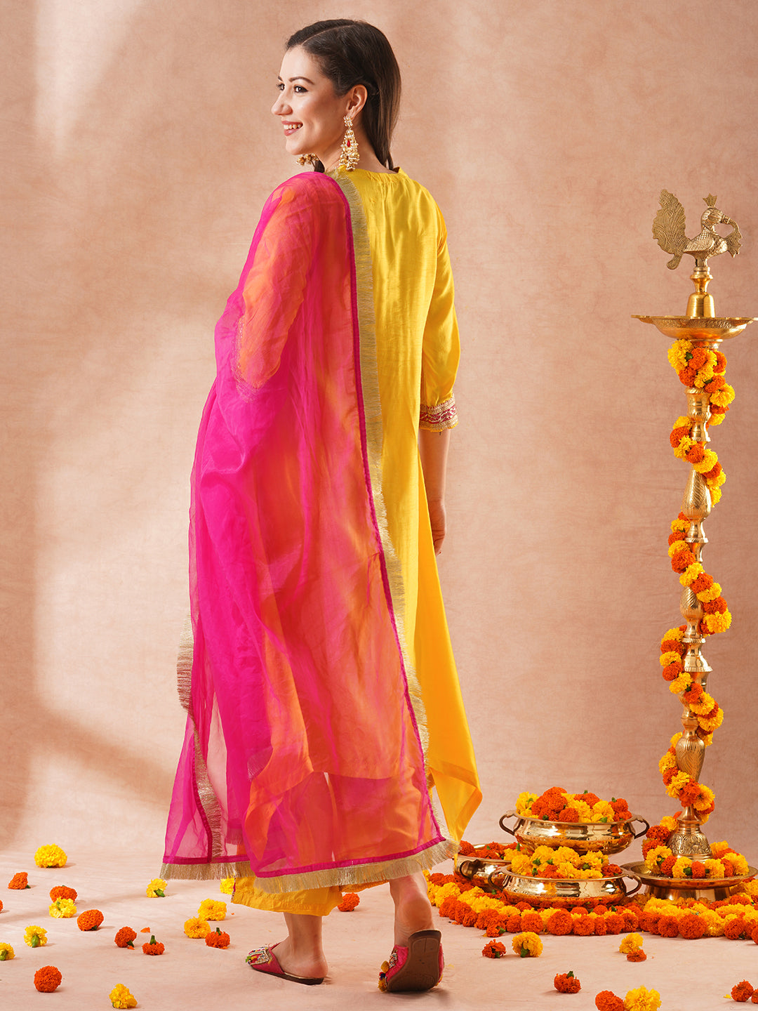 Solid Ethnic Sequin Embroidered A-Line Kurta with Palazzo & Dupatta - Yellow