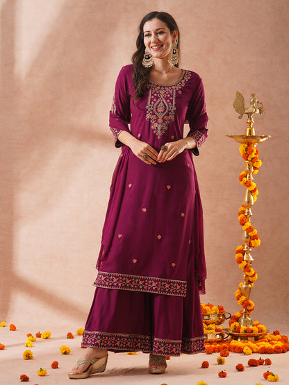 Floral Embroidered Straight Fit Kurta with Palazzo & Dupatta - Burgundy