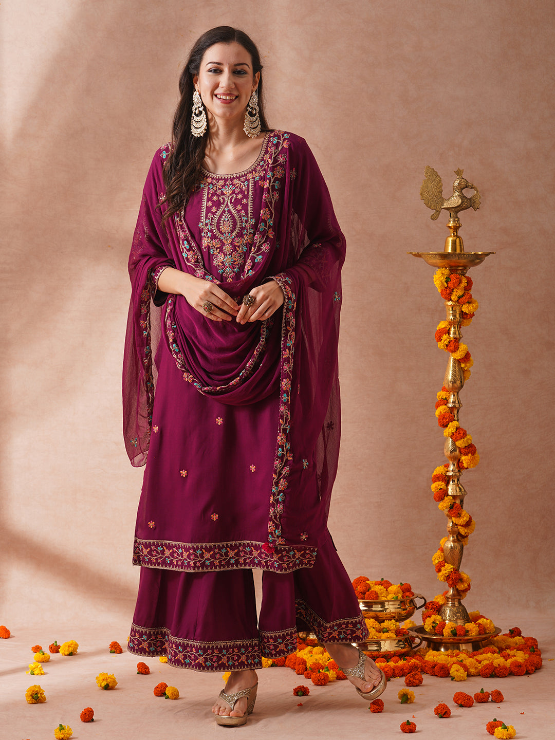 Floral Embroidered Straight Fit Kurta with Palazzo & Dupatta - Burgundy