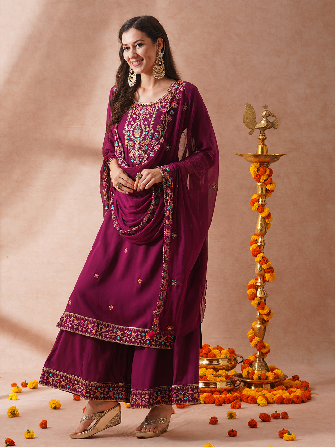 Floral Embroidered Straight Fit Kurta with Palazzo & Dupatta - Burgundy