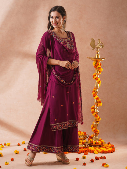 Floral Embroidered Straight Fit Kurta with Palazzo & Dupatta - Burgundy