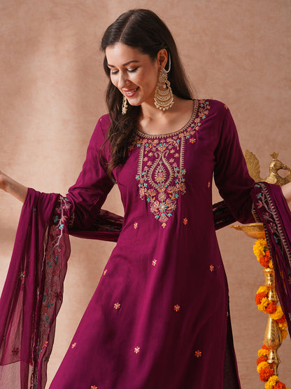 Floral Embroidered Straight Fit Kurta with Palazzo & Dupatta - Burgundy