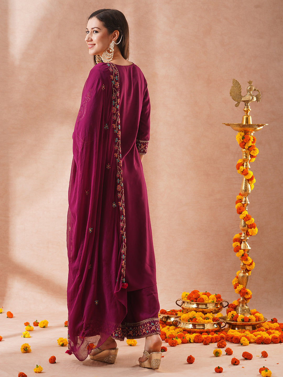 Floral Embroidered Straight Fit Kurta with Palazzo & Dupatta - Burgundy