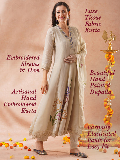 Floral Hand Embroidered Anarkali Flared Kurta with Pant and Hand Painted Dupatta - Off White