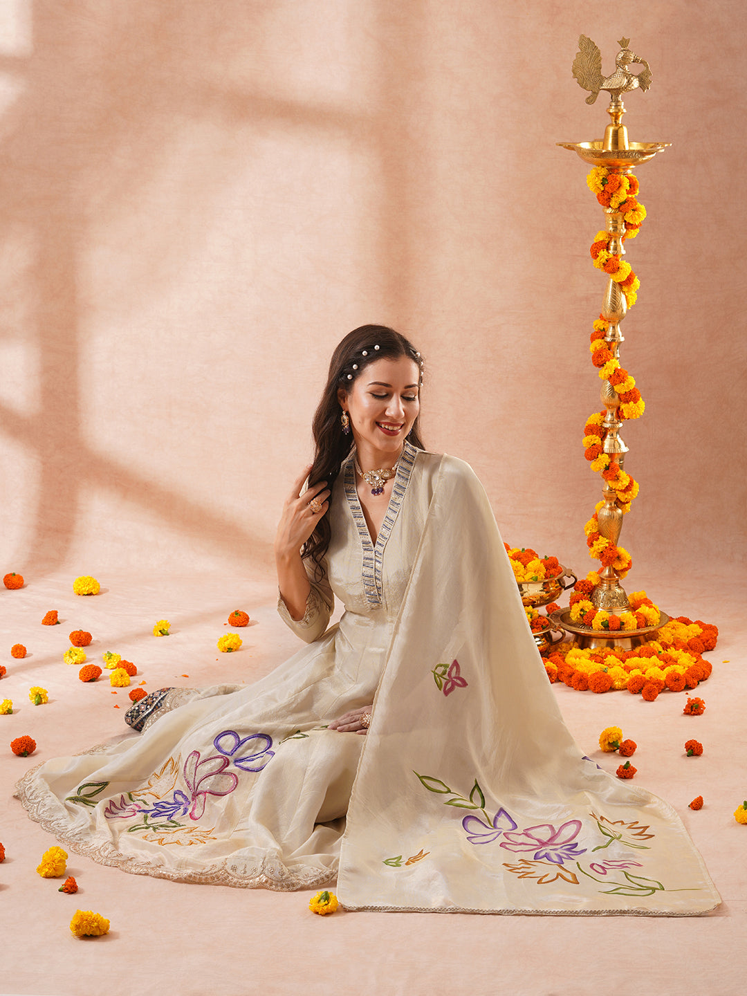 Floral Hand Embroidered Anarkali Flared Kurta with Pant and Hand Painted Dupatta - Off White