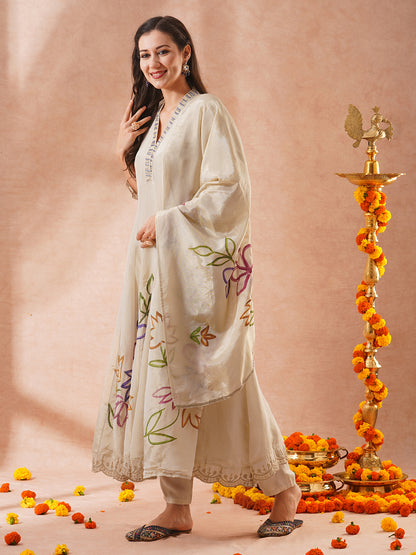 Floral Hand Embroidered Anarkali Flared Kurta with Pant and Hand Painted Dupatta - Off White