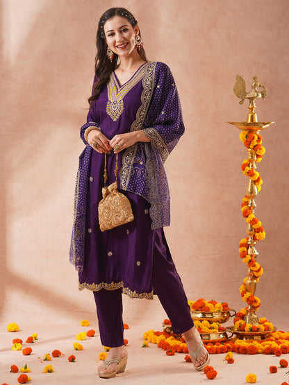 Solid Ethnic Sequin & Resham Embroidered Straight Fit Kurta with Pant and Bandhani Dupatta - Purple