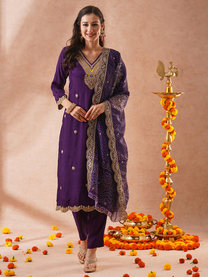 Solid Ethnic Sequin & Resham Embroidered Straight Fit Kurta with Pant and Bandhani Dupatta - Purple