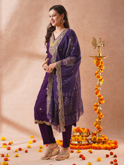 Solid Ethnic Sequin & Resham Embroidered Straight Fit Kurta with Pant and Bandhani Dupatta - Purple