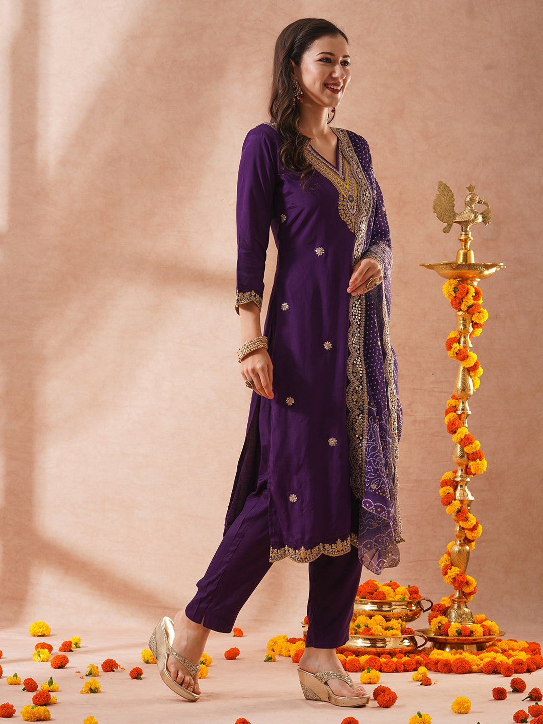 Solid Ethnic Sequin & Resham Embroidered Straight Fit Kurta with Pant and Bandhani Dupatta - Purple