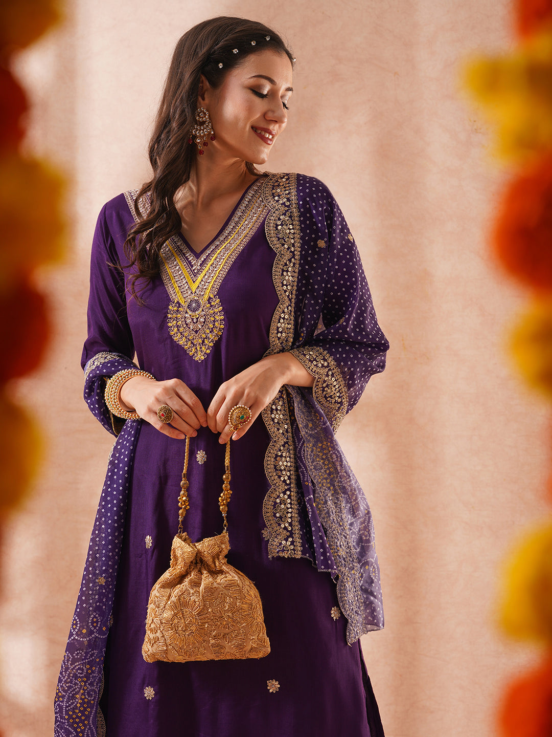 Solid Ethnic Sequin & Resham Embroidered Straight Fit Kurta with Pant and Bandhani Dupatta - Purple