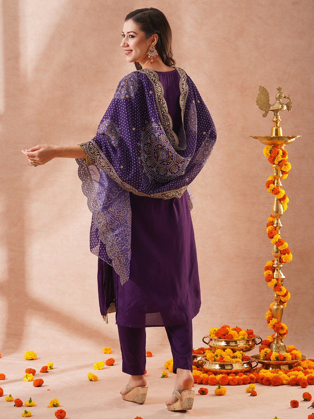 Solid Ethnic Sequin & Resham Embroidered Straight Fit Kurta with Pant and Bandhani Dupatta - Purple