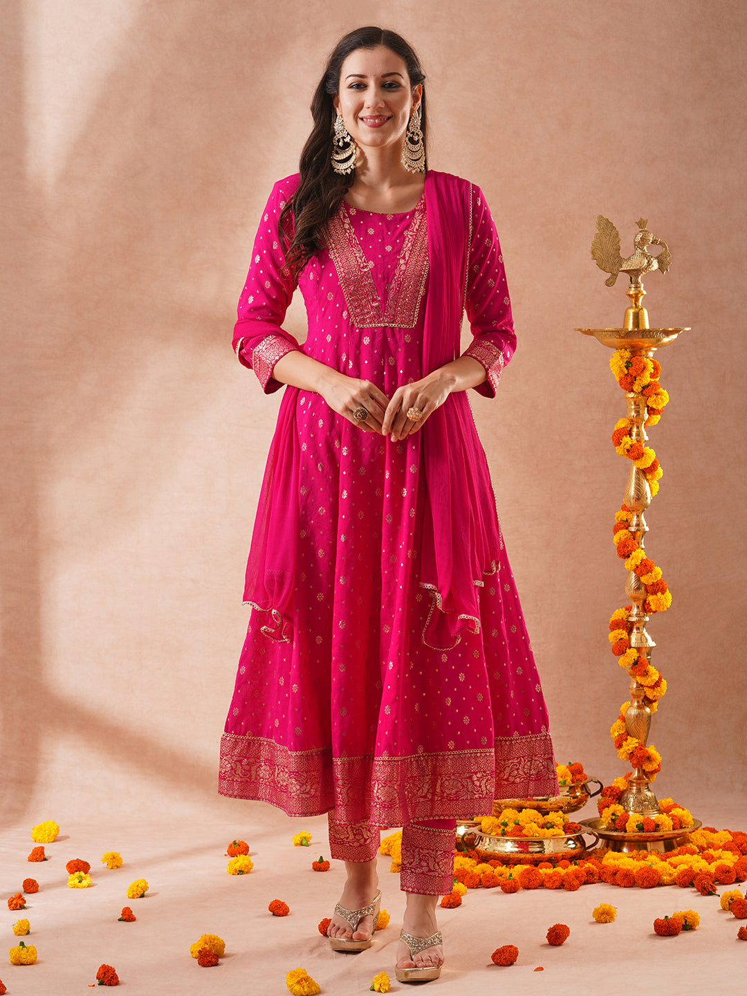 Ethnic Zari Woven & Embroidered Anarkali Flared Kurta with Pant & Solid Dupatta - Pink