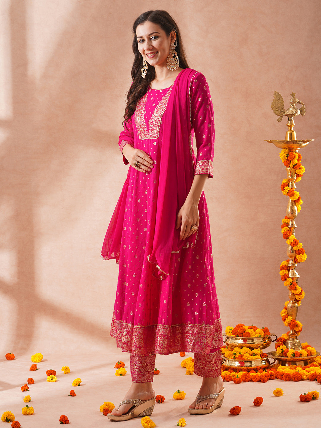 Ethnic Zari Woven & Embroidered Anarkali Flared Kurta with Pant & Solid Dupatta - Pink