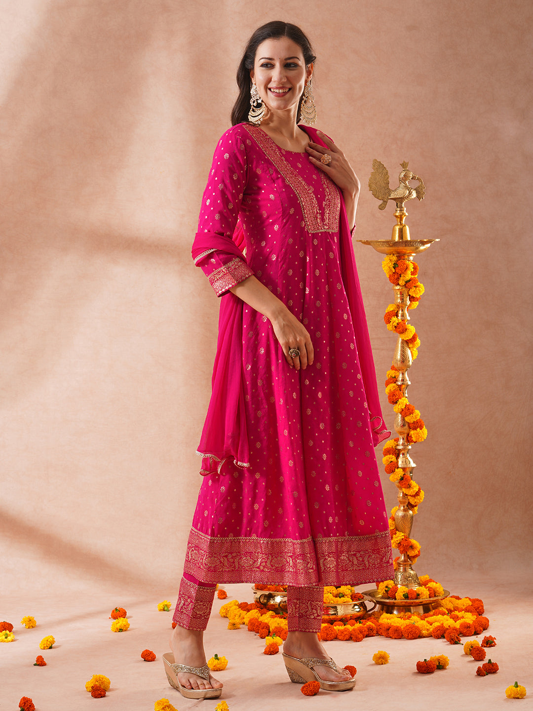 Ethnic Zari Woven & Embroidered Anarkali Flared Kurta with Pant & Solid Dupatta - Pink